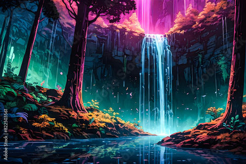 A cybernetic waterfall cascading from a cliffside in the midst of a neon-lit forest vector art illustration generative AI image. 