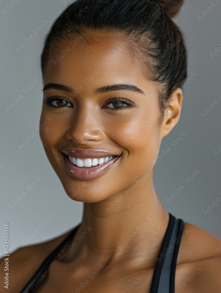 The face of a beautiful woman with a friendly smile close-up. Beautiful teeth. Feminine beauty. The face of a beautiful woman with a friendly smile close-up. Beautiful teeth. Feminine beauty.