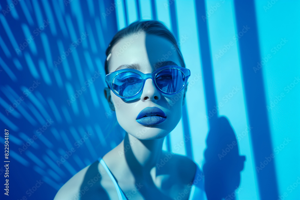 Model wears blue shades matching with highlights and shadows on her face under blue lighting Model wears blue shades matching with highlights and shadows on her face under blue lighting