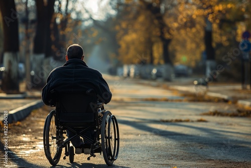 A solitary man in a wheelchair is seen from behind on a tree-lined road during autumn