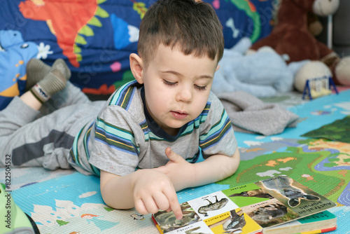 young boy reading a book with animal pictures