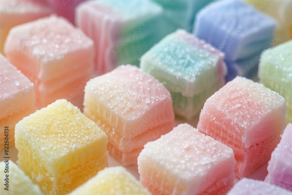 Sugar-coated, vibrant square candies fill the frame with a whimsical, delightful aesthetic Sugar-coated, vibrant square candies fill the frame with a whimsical, delightful aesthetic