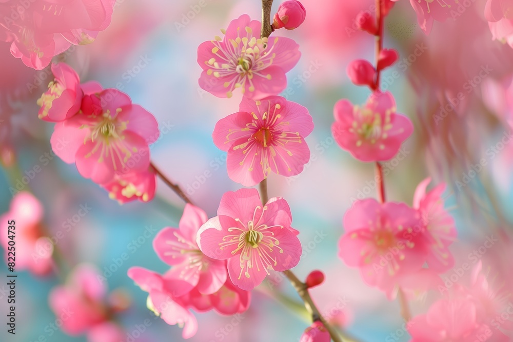 Beautiful cherry blossoms in full bloom with a soft-focused, dreamy background of blue skies Beautiful cherry blossoms in full bloom with a soft-focused, dreamy background of blue skies