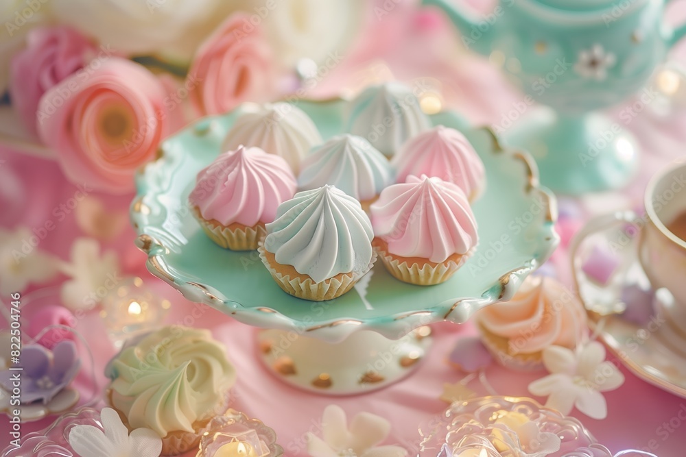 A set table for high tea featuring delicate meringue kisses and floral accents