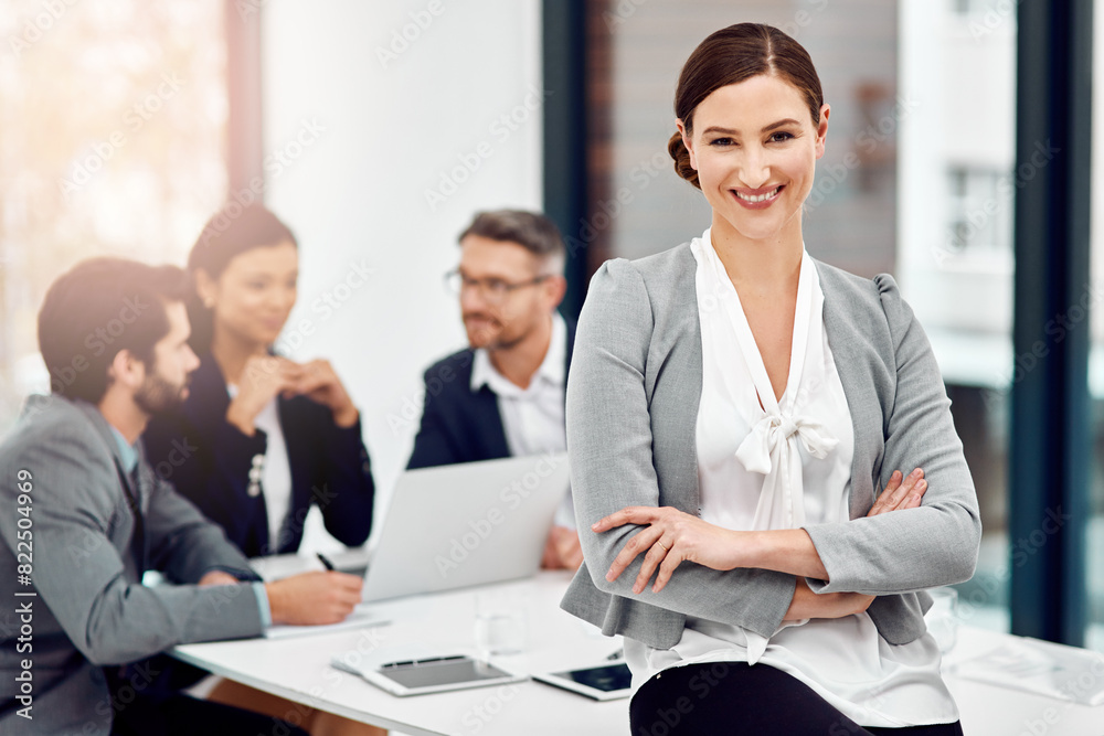 Office, meeting and portrait of woman with arms crossed for teamwork, planning and consultation. Happy, financial advisor and pride in workshop with career for business investment, budget and report Office, meeting and portrait of woman with arms crossed for teamwork, planning and consultation. Happy, financial advisor and pride in workshop with career for business investment, budget and report