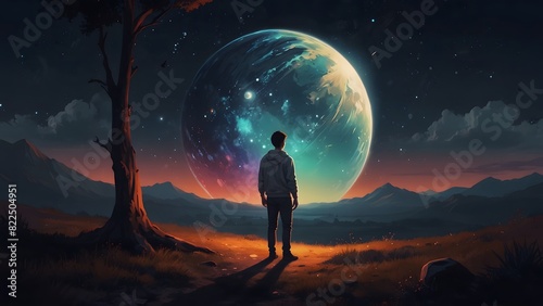Young man in white looking down at the glowing little planet on the ground, digital art style, illustration painting, generative AI © Hoshi