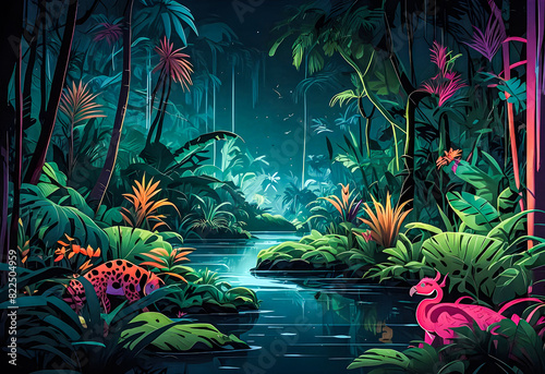 A neon-lit jungle river winding through the dense foliage  with exotic animals peeking out from the undergrowth vector art illustration generative AI image. 