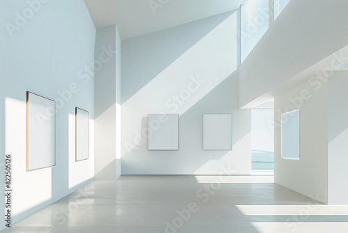Small blank posters in different geometric shapes displayed in a bright airy gallery, panoramic view.
