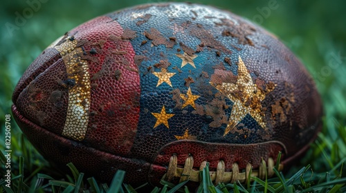 American football ball closeup on lawn, rugby background. Generative AI