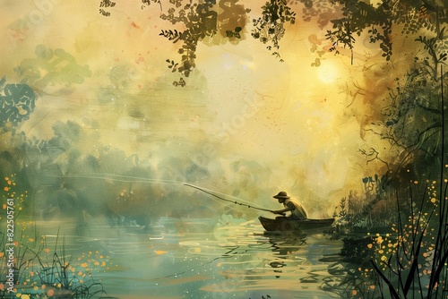 A man is fishing in a boat on a lake