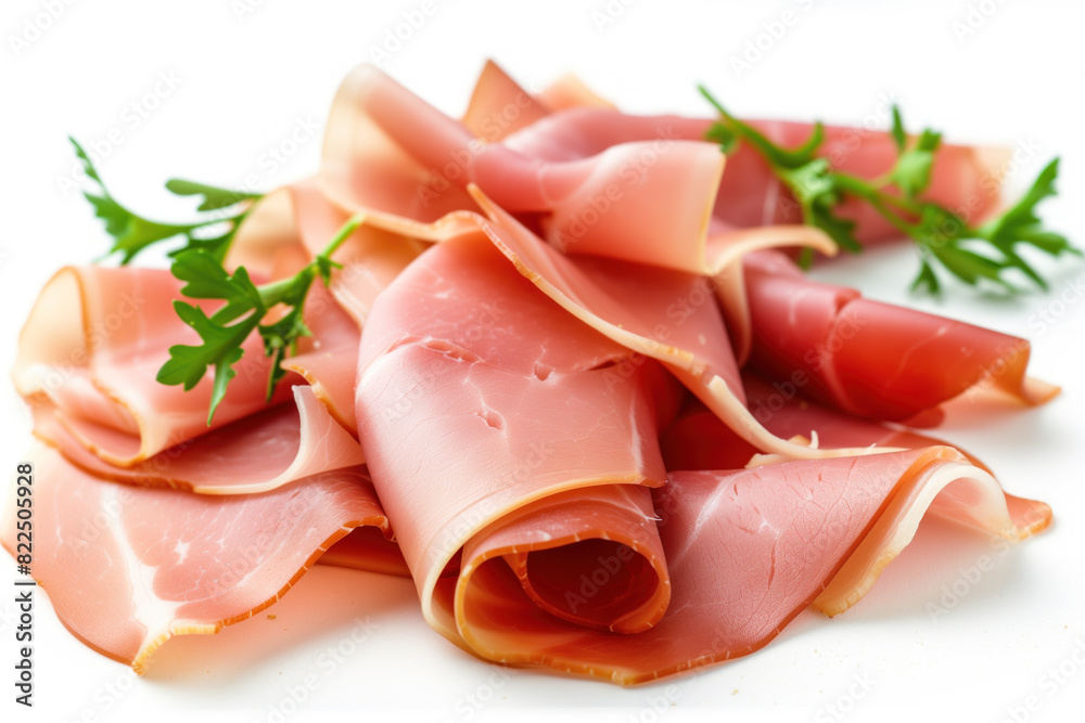 An elegant display of thinly sliced prosciutto garnished with fresh rosemary and scattered peppercorns, isolated on a white background. An elegant display of thinly sliced prosciutto garnished with fresh rosemary and scattered peppercorns, isolated on a white background.