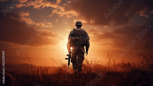 Silhouette of a soldier on the hill, sunset time.