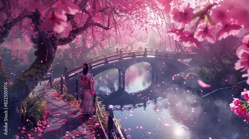 A woman is walking across a bridge over a river with pink cherry blossoms photo