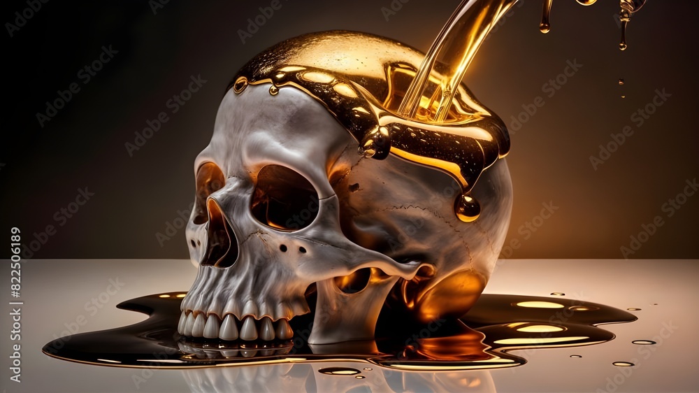 A gold skull with a bottle of oil on it A gold skull with a bottle of oil on it