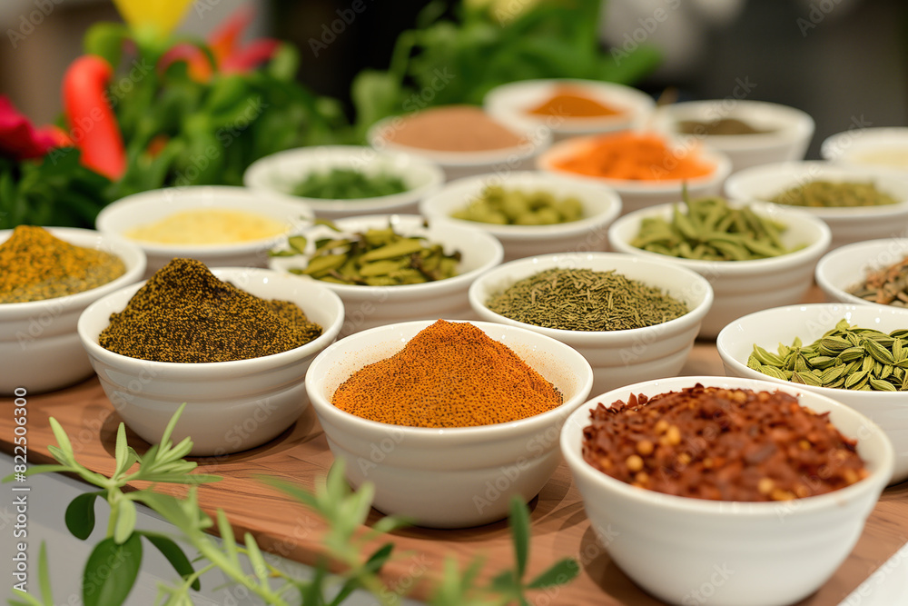 A variety of spices are displayed in white bowls on a wooden table A variety of spices are displayed in white bowls on a wooden table