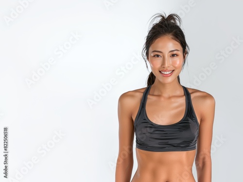 Young slim athletic brunette asian woman on a gray background. Active lifestyle, weight loss, motivation.