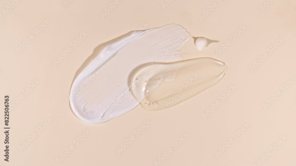 Cosmetic Smears of Creamy Texture, Concealer, Liquid Foundation, Gel Fluid, Makeup Brush, Spatula. Beauty Skincare Product Sample. Advertising. Organic Cosmetics, Medicine. Macro shoot. 4k
