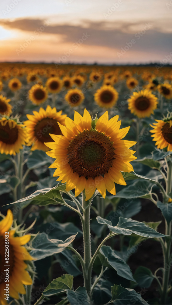 Dusk in a sunflower field.