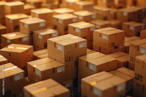 Industrial Warehouse with Stacked Boxes and Warm Light  Emphasizing Efficient Storage  Packaging  and Logistics with Organized Shelves