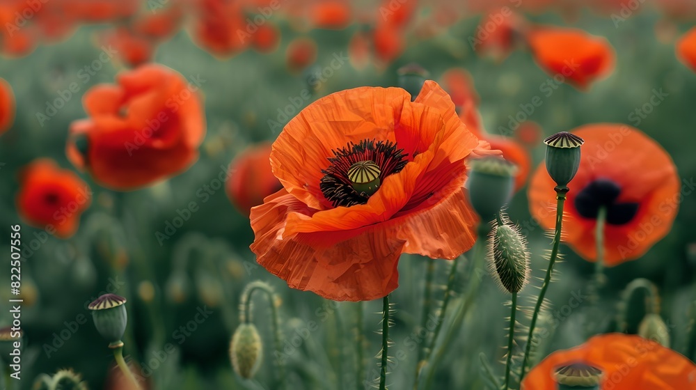 Obraz premium Close-up of vibrant red poppy flowers in a vast field. The flowers are in full bloom. A perfect depiction of nature's beauty and simplicity. AI