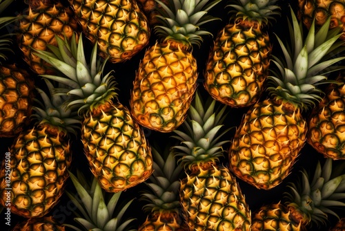 Vibrant top view of ripe pineapples closely packed, showcasing their textured skins and green tops