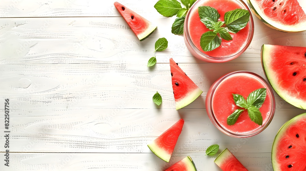 Refreshing watermelon drinks on a wooden table. Perfect for hot summer days. Vibrant, fresh and healthy drink. Lifestyle and food photography. AI Refreshing watermelon drinks on a wooden table. Perfect for hot summer days. Vibrant, fresh and healthy drink. Lifestyle and food photography. AI