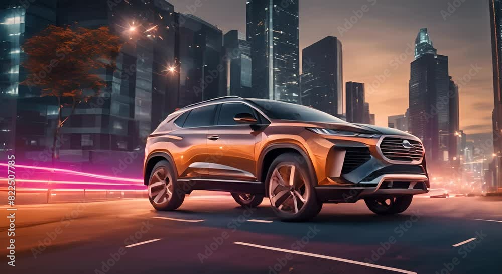 Futuristic wireframe SUV driving on digital road in city setting Futuristic wireframe SUV driving on digital road in city setting