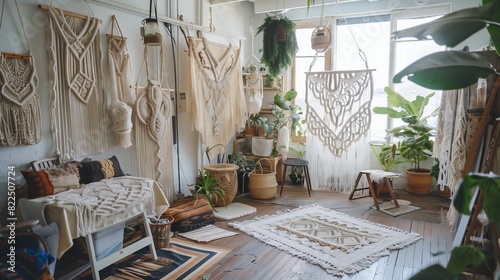 An artist's studio filled with various macramé projects, showcasing the rich diversity of this intricate craft. photo