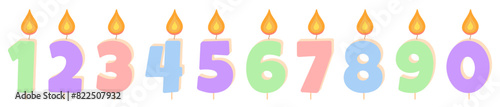 Candles numbers for birthday, anniversary, holiday isolated on white background, vector.