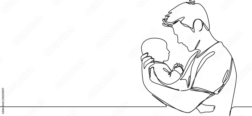 continuous single line drawing of father holding newborn baby, line art vector illustration