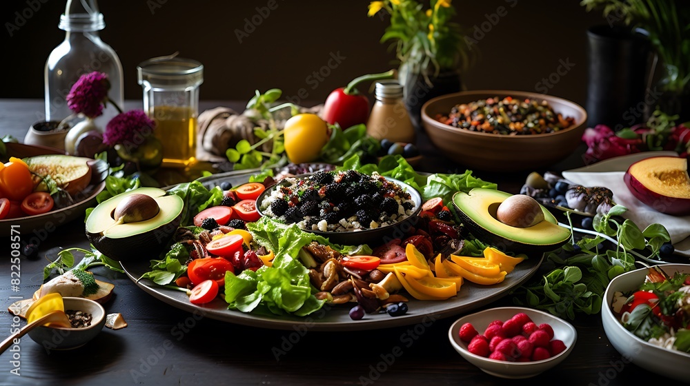 Elegant dining table with a variety of healthy and colorful foods, perfect for a brunch Elegant dining table with a variety of healthy and colorful foods, perfect for a brunch