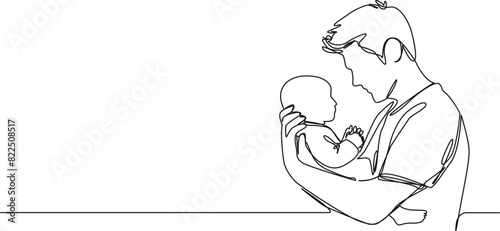 continuous single line drawing of father holding newborn baby, line art vector illustration