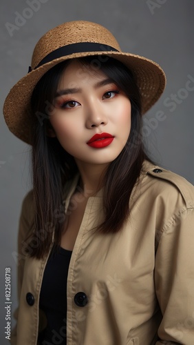 Potrait beautiful asian with girlfriend look makeup, wearing cloathing jacket and hat photo