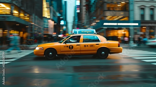Yellow taxi car on a busy New York street. Urban transportation at night. Vivid colors and motion blur create a dynamic feel. Generated by AI