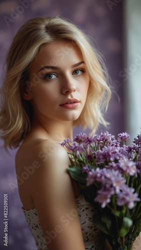 Potrait beautiful blonde woman with purple flowers background  beautiful hairstyle