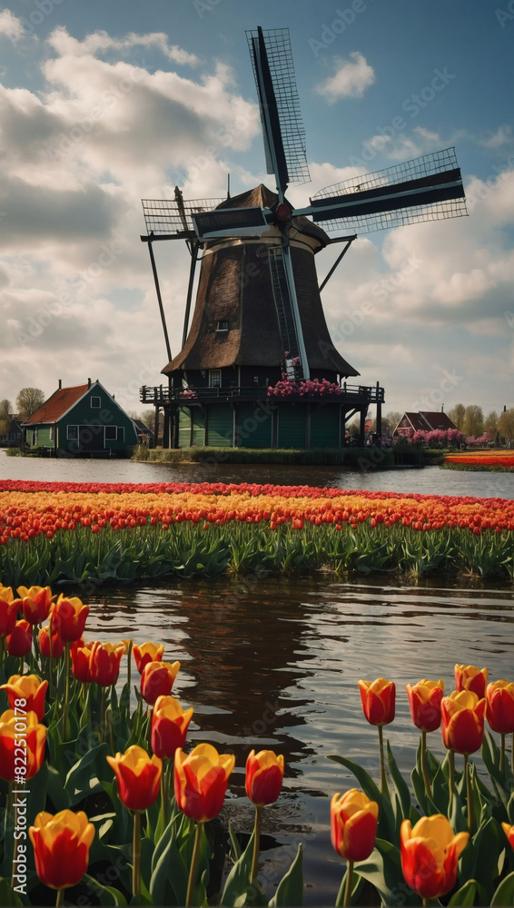 Dutch beauty, tulips in Zaanse Schans, Europe's charm.