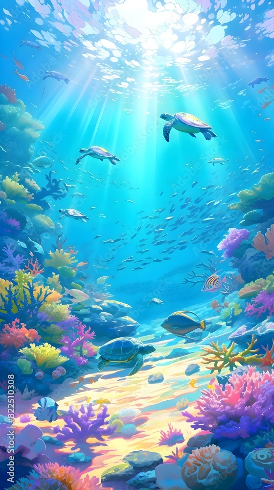 Fototapeta premium a painting of a sea turtle swimming over a coral reef