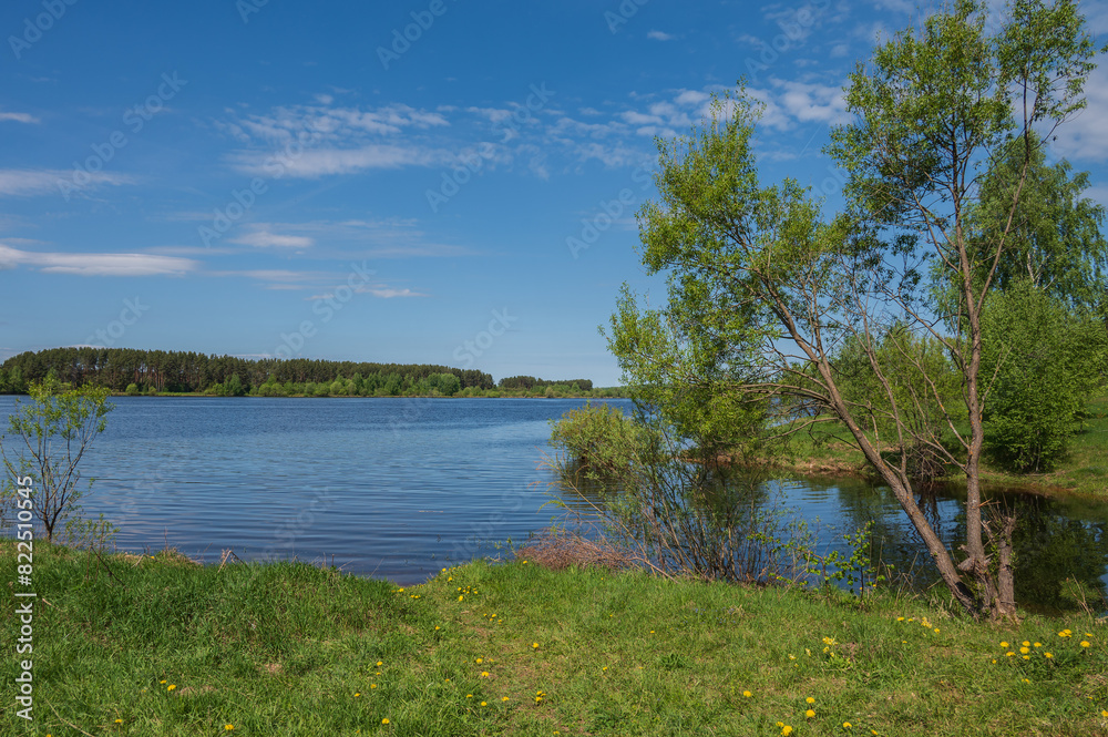 Springtime landscape with river and forest. Springtime landscape with river and forest.