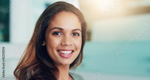 Face, portrait and woman with smile as employee for career or job growth with opportunity as accountant. Female person, happy and proud or confident with position in corporate business in lens flare