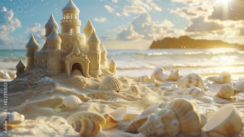 A sandy beach with a meticulously built sandcastle adorned with seashells