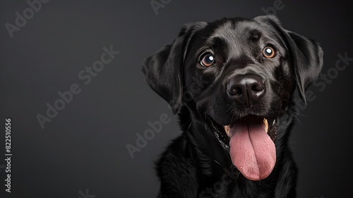 Adorable black Labrador retriever dog portrait. Happy pet with tongue out. Studio shot on dark background. Perfect for pet lovers and animal-themed projects. AI