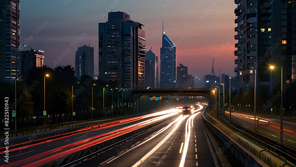 The light flow of traffic on an evening highway in a city with modern high buildings Background wallpaper.-generative AI