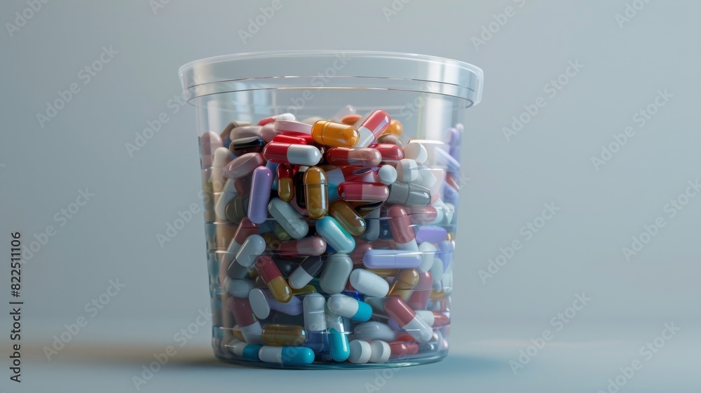 Advanced Medical Care: Diverse Capsules and Tablets in a Transparent Bucket for Effective Treatment of Chronic Diseases and Health Conditions Advanced Medical Care: Diverse Capsules and Tablets in a Transparent Bucket for Effective Treatment of Chronic Diseases and Health Conditions
