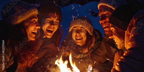 Blue: A group of friends share a hearty laugh around a cozy fire, their faces illuminated by its warm glow