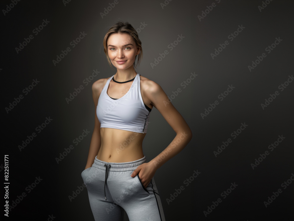 Young slim athletic blonde woman on a gray background. Active lifestyle, weight loss, motivation. Young slim athletic blonde woman on a gray background. Active lifestyle, weight loss, motivation.