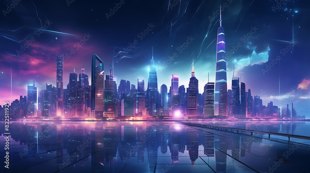 Panoramic view of a futuristic city with skyscrapers illuminated by neon lights at night,
