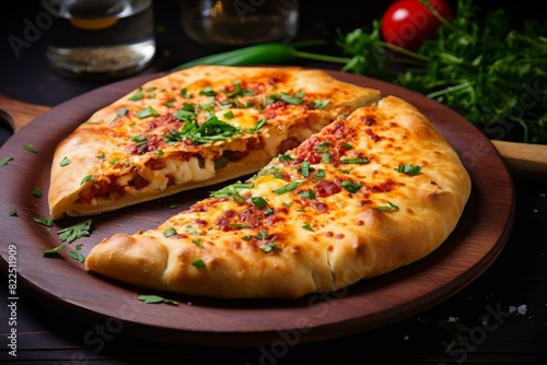 Freshly baked cheesy stuffed crust pizza with herbs on a dark table setting