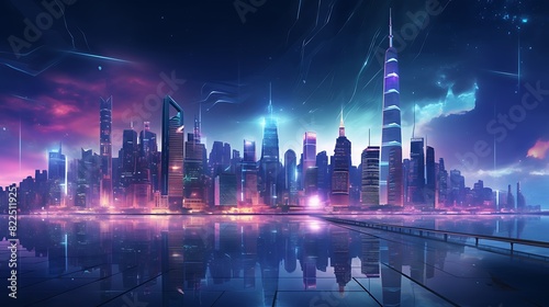 Panoramic view of a futuristic city with skyscrapers illuminated by neon lights at night 