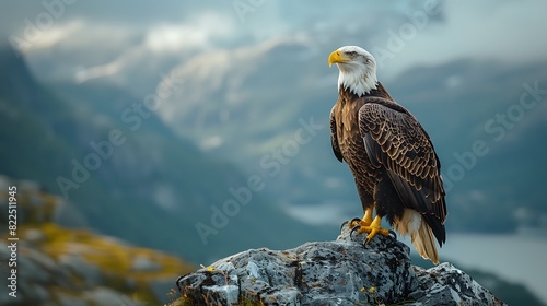 A regal bald eagle perched on a rocky outcrop overlooking a vast, rugged landscape, its piercing gaze fixed on the distant horizon. photo