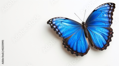  A blue butterfly with black spots on its wings rests on a white surface Its wings are spread out to each side © Mikus